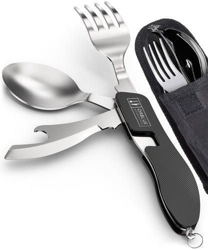 Orblue 4-in-1 Camping Utensils, 1-Pack, Portable Stainless Steel Spoon, Fork, Knife & Bottle Opener Combo Set - Travel, Backpacking Cutlery Multitool Olive Green