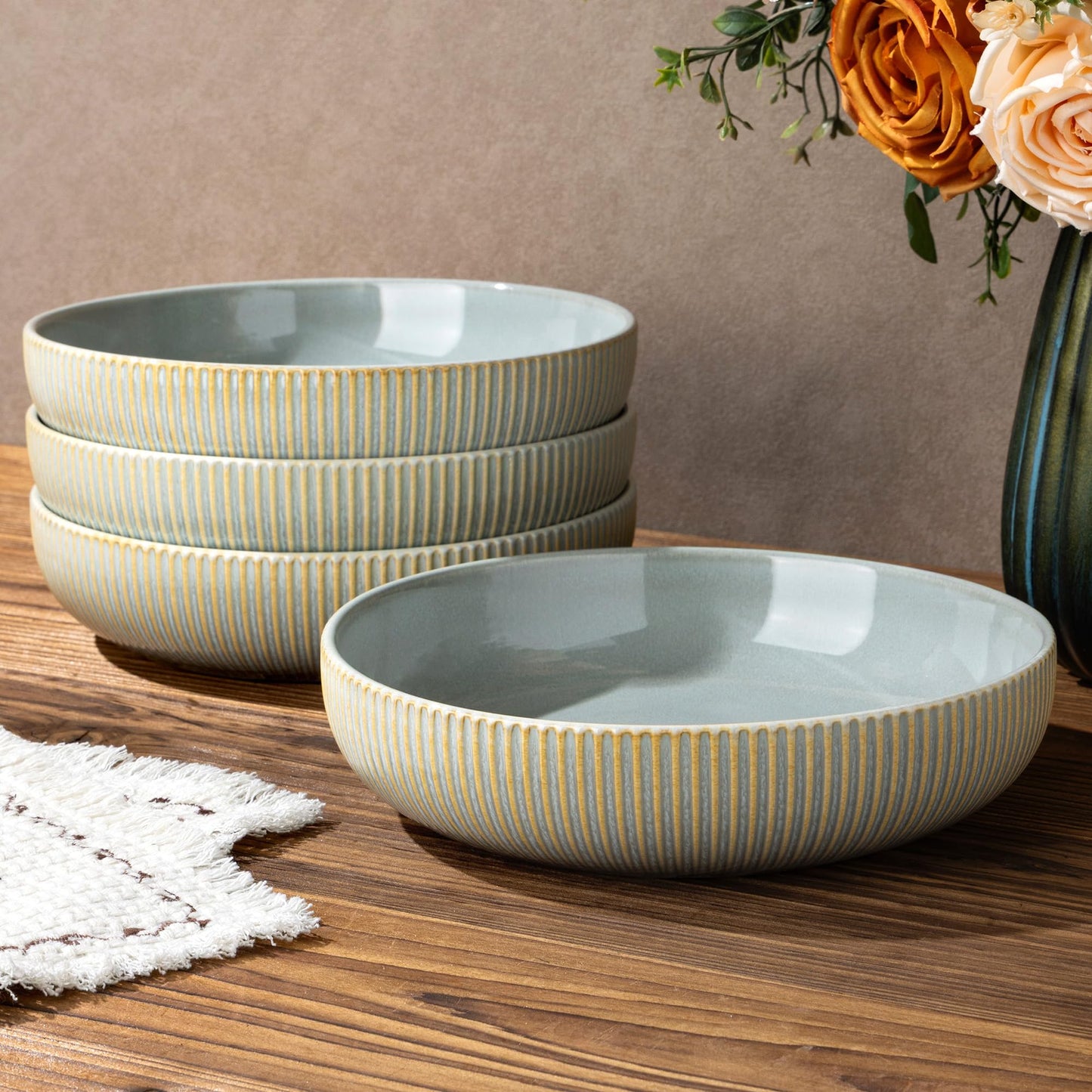 8.5" Ceramic Pasta Bowls Set of 4, Salad Bowls | Versatile Serving Bowls for Pasta, Salad, Fruit & Noodles, Housewarming & Wedding Gift, Mocha Brown