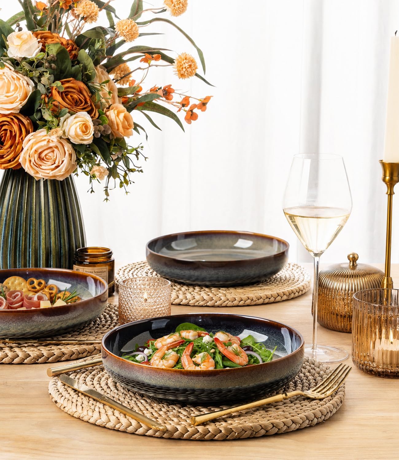8.5" Ceramic Pasta Bowls Set of 4, Salad Bowls | Versatile Serving Bowls for Pasta, Salad, Fruit & Noodles, Housewarming & Wedding Gift, Mocha Brown