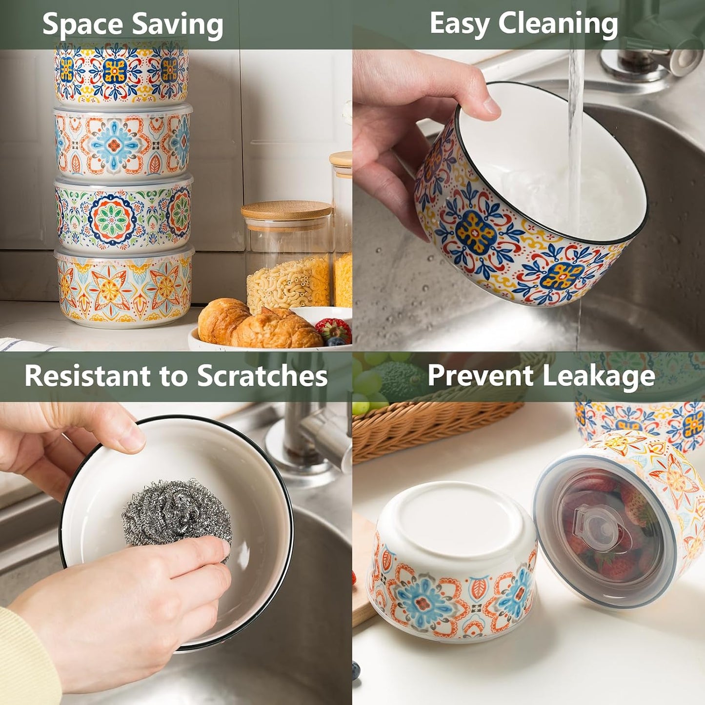 Ceramic Bowl with Lid, Microwave Safe, Set of 4 | Food Storage Containers for Soup, Meal Prep, Cereal, Salad Leftovers - Picnic, Camping, Office Lunch - 20 oz, B-Pattern