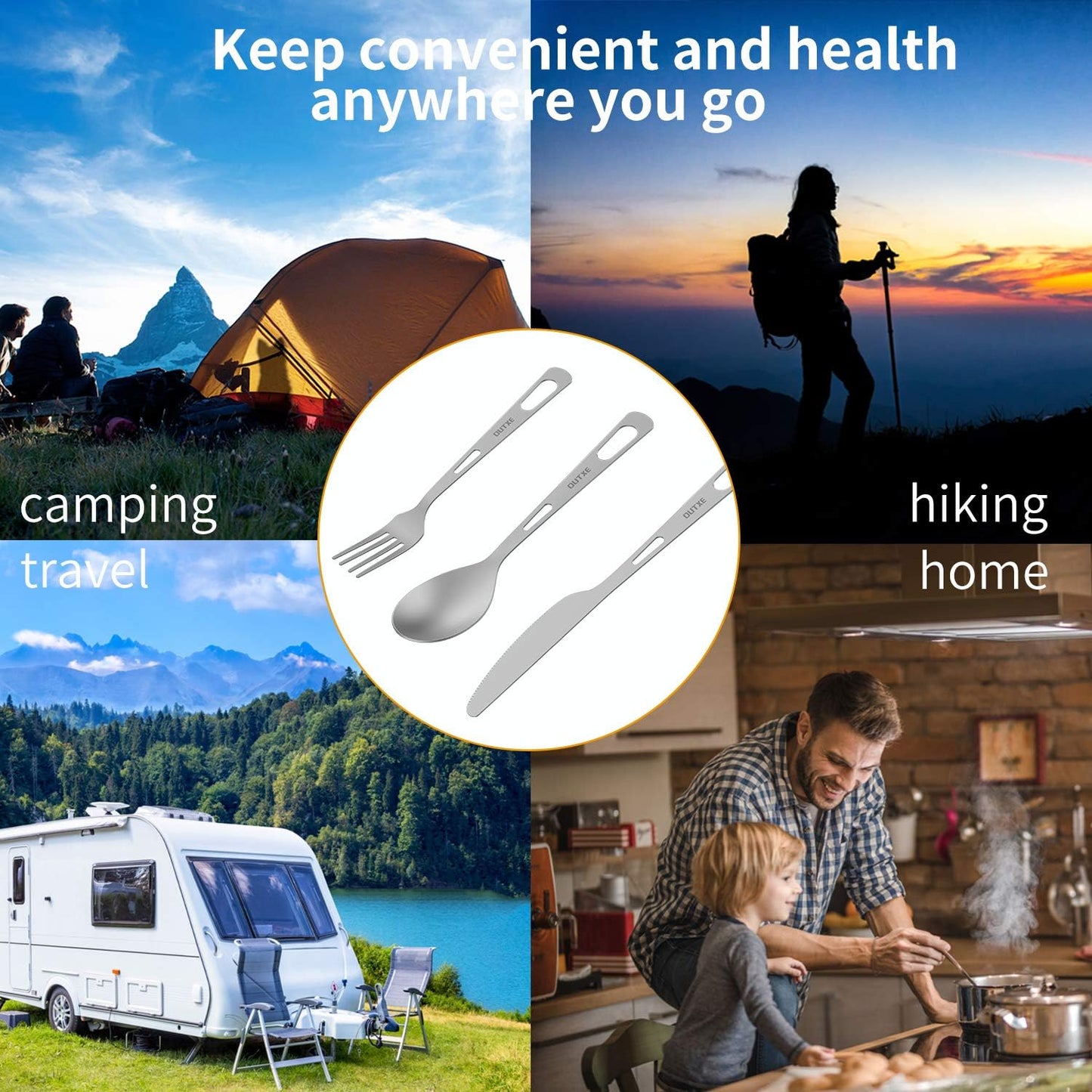 OUTXE Titanium Flatware Knife Fork Spoon Set Lightweight Ti Camping Utility Cutlery Set with Carrying Bag for Traveling Picnic Hiking | with Carrying Bag for Traveling Picnic Hiking