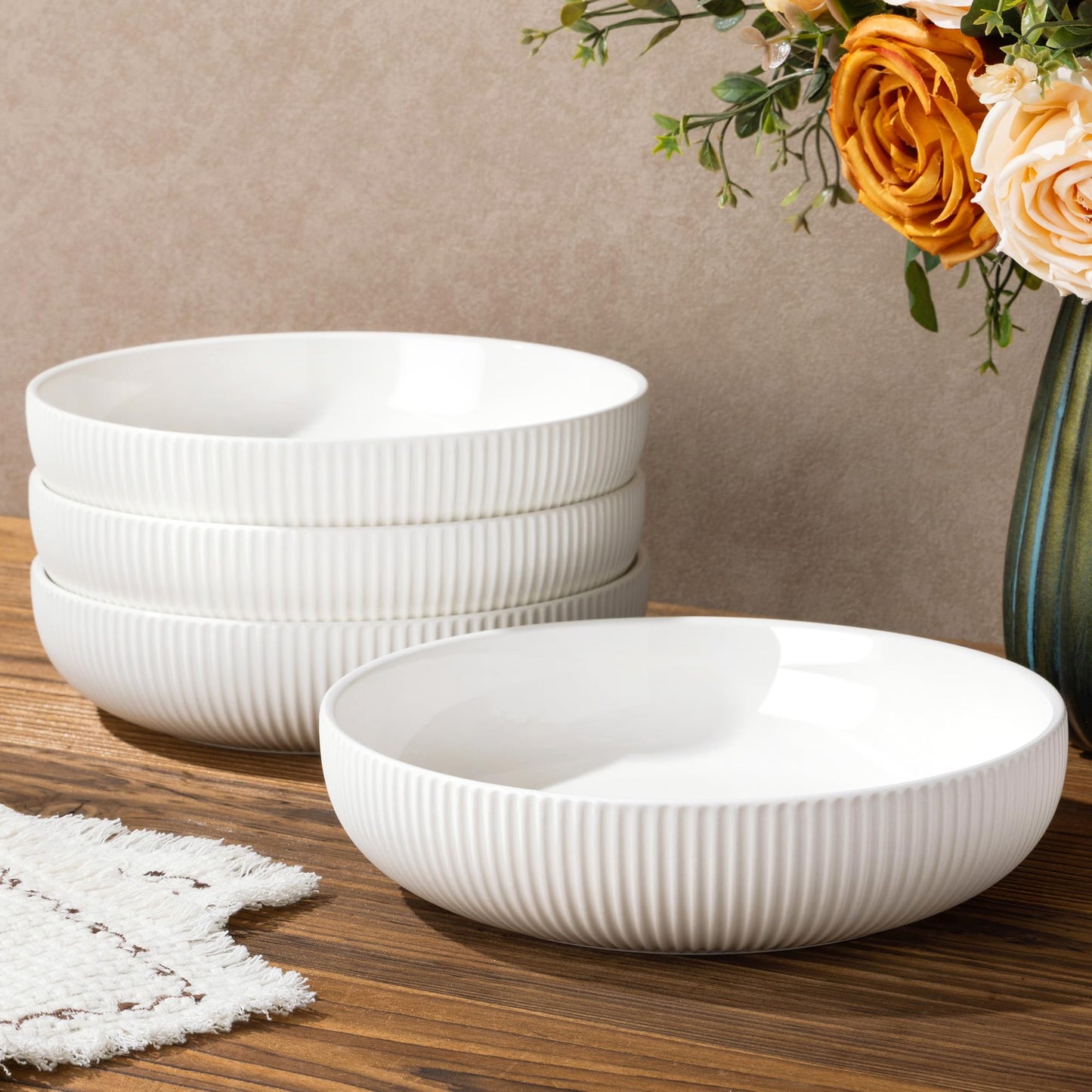 8.5" Ceramic Pasta Bowls Set of 4, Salad Bowls | Versatile Serving Bowls for Pasta, Salad, Fruit & Noodles, Housewarming & Wedding Gift, Mocha Brown