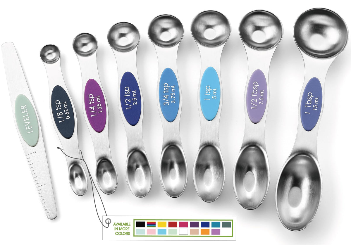 Spring Chef Magnetic Measuring Spoons Set of 8 for Kitchen, Multicolor | Stainless Steel Teaspoon & Tablespoon Measuring Spoons with Leveler for Dry & Liquid Ingredients, Dual Sided, Dishwasher Safe