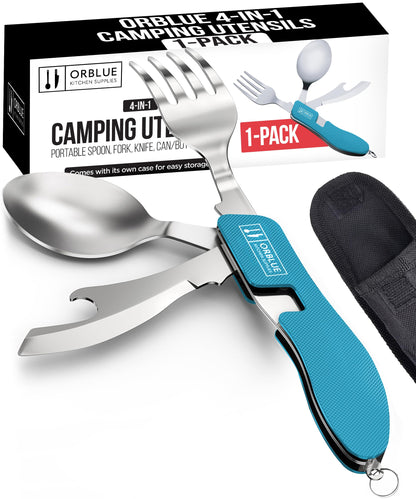 Orblue 4-in-1 Camping Utensils, 1-Pack, Portable Stainless Steel Spoon, Fork, Knife & Bottle Opener Combo Set - Travel, Backpacking Cutlery Multitool Olive Green