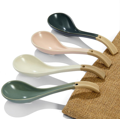 Asian Ceramic Soup Spoon, with Long Handle Easy to Hold, Non-slip Bottom, for Japanese Ramen, Chinese and Vietnamese Wonton, Noodle Soup Spoons (V38)