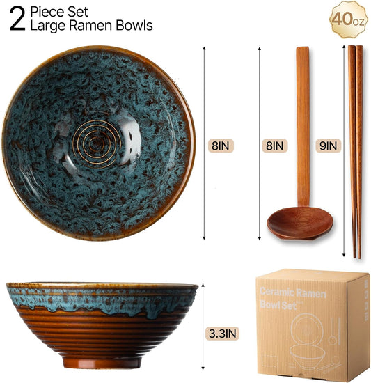 8 Inch Ceramic Ramen Bowl Set of 2, 40oz Japanese Bowls with Spoons & Chopsticks,Durable,Microwave & Dishwasher Safe,Perfect for Ramen,Pho,Salad,Soup,Noodles，Mixing bowls（Verdigris Green）