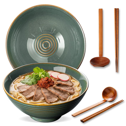 8 Inch Ceramic Ramen Bowl Set of 2, 40oz Japanese Bowls with Spoons & Chopsticks,Durable,Microwave & Dishwasher Safe,Perfect for Ramen,Pho,Salad,Soup,Noodles，Mixing bowls（Verdigris Green）