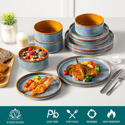vancasso ONION Ceramic Dinnerware Sets, 12 Pieces Stoneware Plates and Bowls Sets for 4, Reactive Glaze Dishes Set for Kitchen, Dishwasher and Microwave Safe, Blue