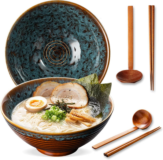 8 Inch Ceramic Ramen Bowl Set of 2, 40oz Japanese Bowls with Spoons & Chopsticks,Durable,Microwave & Dishwasher Safe,Perfect for Ramen,Pho,Salad,Soup,Noodles，Mixing bowls（Verdigris Green）