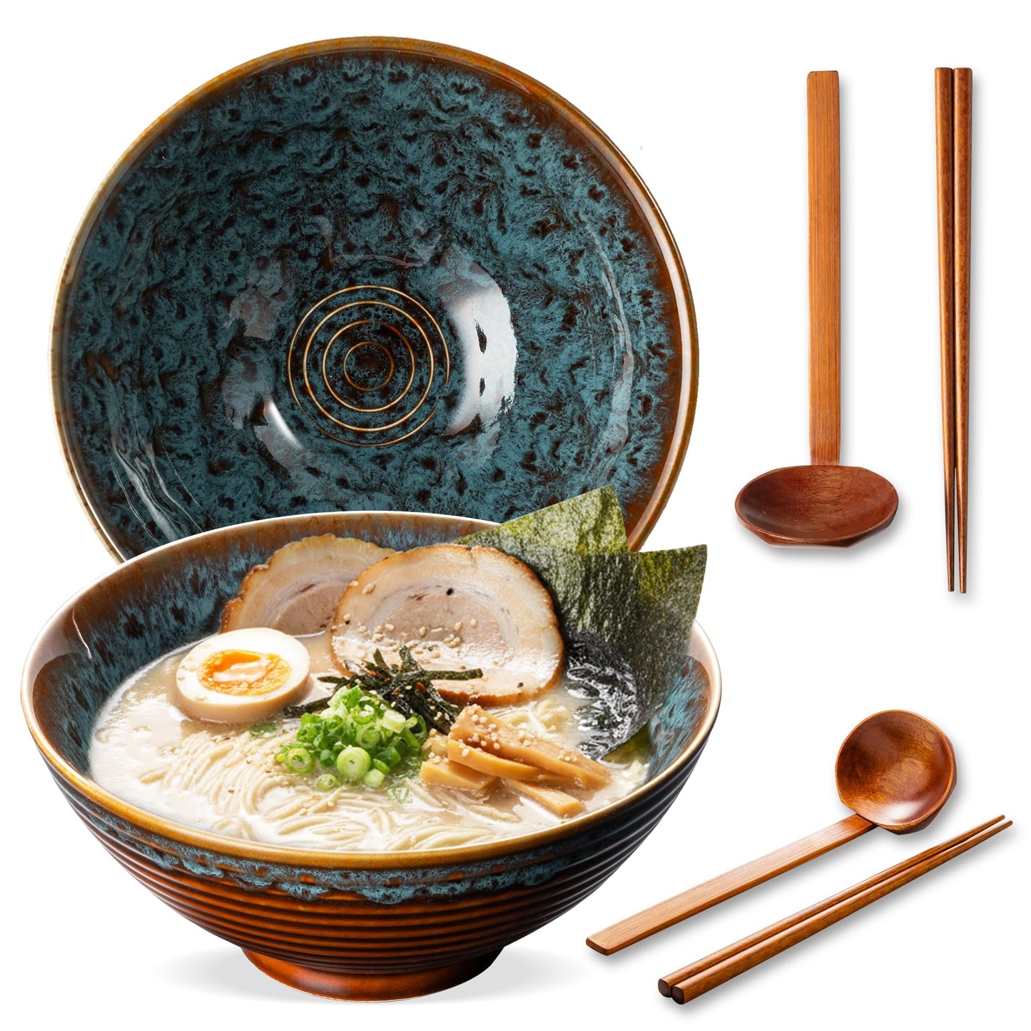 8 Inch Ceramic Ramen Bowl Set of 2, 40oz Japanese Bowls with Spoons & Chopsticks,Durable,Microwave & Dishwasher Safe,Perfect for Ramen,Pho,Salad,Soup,Noodles，Mixing bowls（Verdigris Green）
