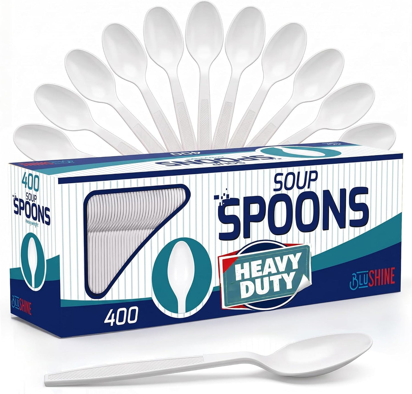 BluShine Heavy Duty Plastic Soup Spoons, Disposable Bulk Utensils | 400 Count Heavy Duty White Plastic Spoons, Strong Silverware Feel, BPA Free, Reusable, Dishwasher Safe, Catering Ready