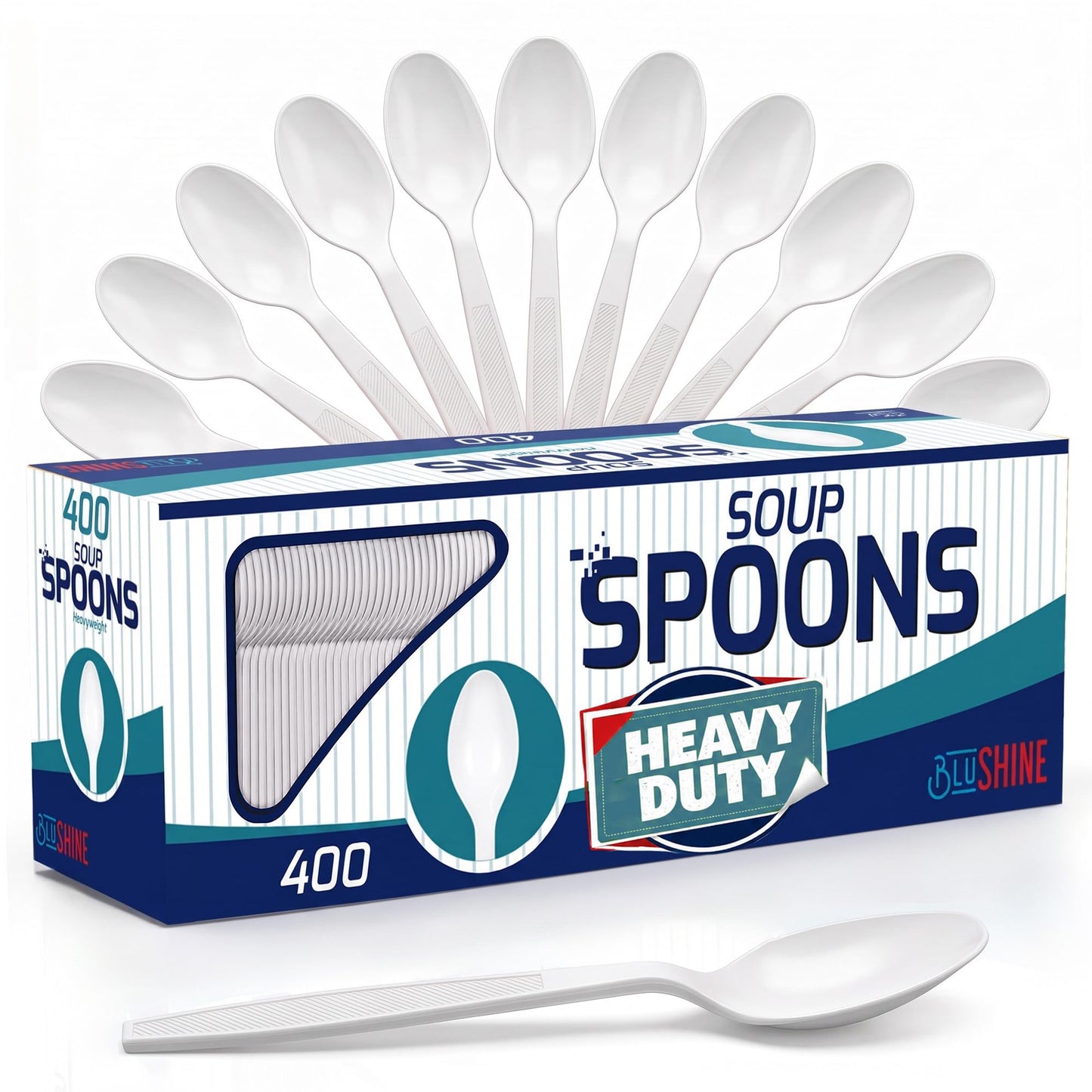 BluShine Heavy Duty Plastic Soup Spoons, Disposable Bulk Utensils | 400 Count Heavy Duty White Plastic Spoons, Strong Silverware Feel, BPA Free, Reusable, Dishwasher Safe, Catering Ready