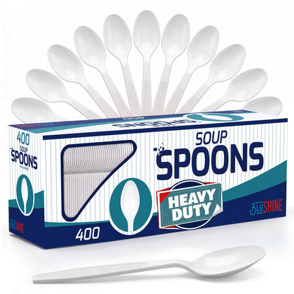 BluShine Heavy Duty Plastic Soup Spoons, Disposable Bulk Utensils | 400 Count Heavy Duty White Plastic Spoons, Strong Silverware Feel, BPA Free, Reusable, Dishwasher Safe, Catering Ready