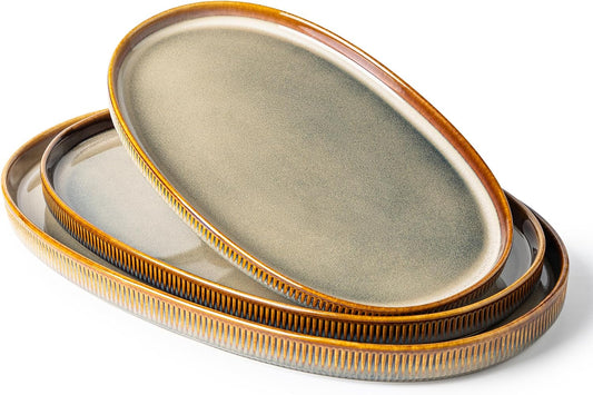 Ceramic Serving Platter Set of 3, Oval Serving Plates and Dishes | 15.6"/14.4"/12.2", Oven & Microwave & Dishwasher Safe, Perfect for Turkey, Parties, Entertaining & Weddings, Cocoa Mocha