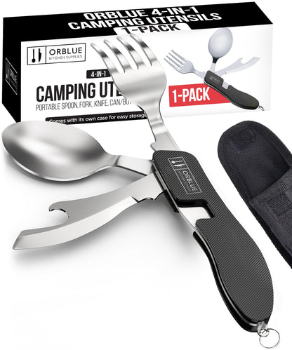 Orblue 4-in-1 Camping Utensils, 1-Pack, Portable Stainless Steel Spoon, Fork, Knife & Bottle Opener Combo Set - Travel, Backpacking Cutlery Multitool Olive Green