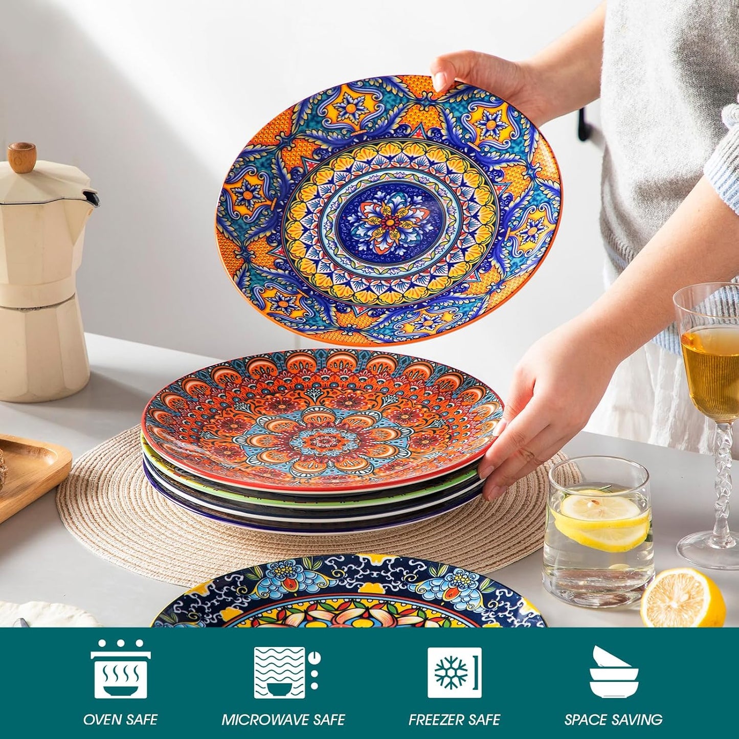 vancasso Colorful Dinner Plates Set of 6, 10.5 Inch Ceramic Kitchen Plates | Boho Dinner Plates Set, Bohemian Printed Dishes for Dining, Microwave & Dishwasher Safe Plate Set, Series KRVI