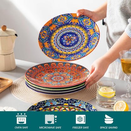 vancasso Colorful Dinner Plates Set of 6, 10.5 Inch Ceramic Kitchen Plates | Boho Dinner Plates Set, Bohemian Printed Dishes for Dining, Microwave & Dishwasher Safe Plate Set, Series KRVI