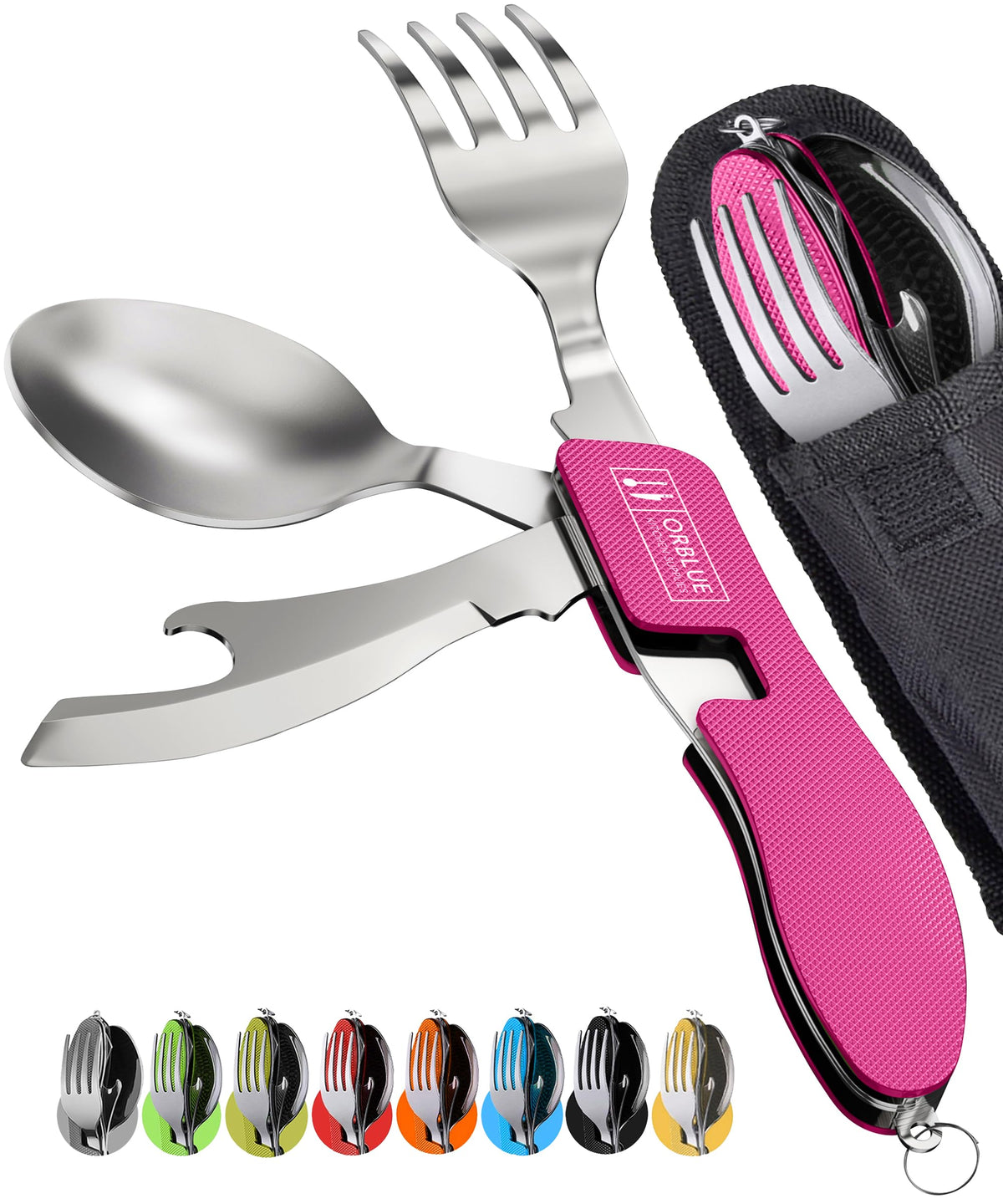 Orblue 4-in-1 Camping Utensils, 1-Pack, Portable Stainless Steel Spoon, Fork, Knife & Bottle Opener Combo Set - Travel, Backpacking Cutlery Multitool Olive Green