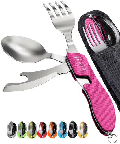 Orblue 4-in-1 Camping Utensils, 1-Pack, Portable Stainless Steel Spoon, Fork, Knife & Bottle Opener Combo Set - Travel, Backpacking Cutlery Multitool Olive Green