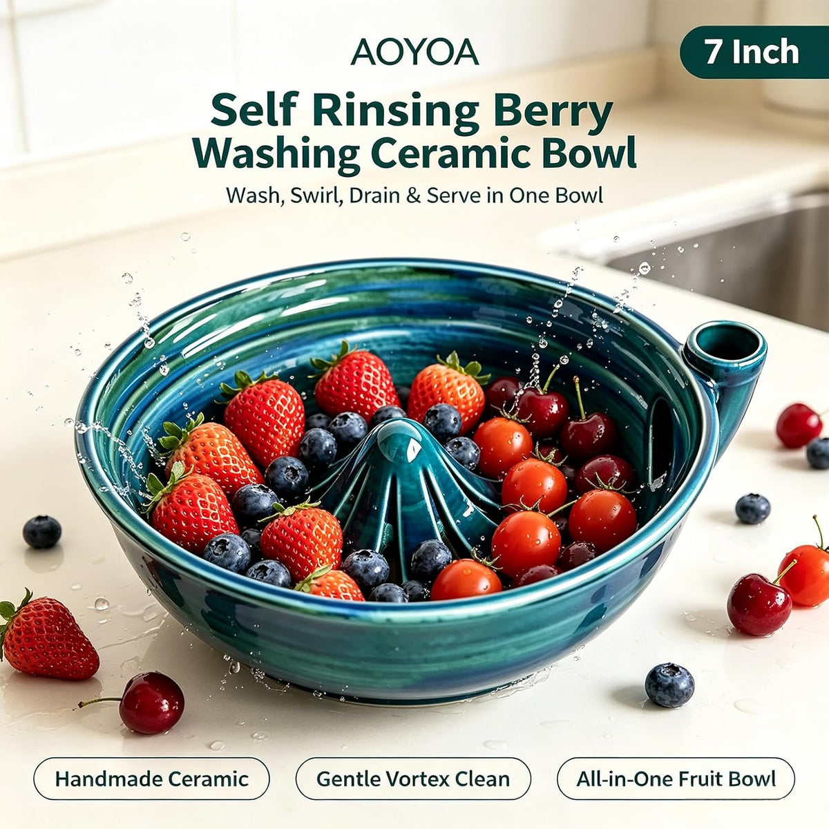 Self Spinning Ceramic Berry Washing Bowl with Drain Holes, 7'' Kitchen Fruit Washer Spinner Bowl with 10pcs Sponges，Blue