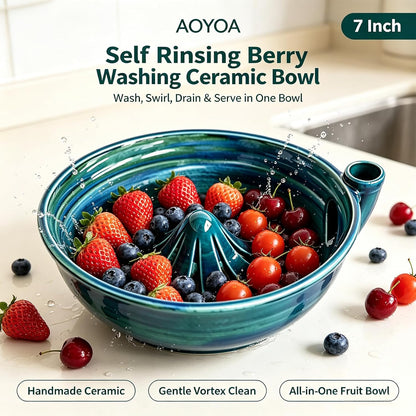 Self Spinning Ceramic Berry Washing Bowl with Drain Holes, 7'' Kitchen Fruit Washer Spinner Bowl with 10pcs Sponges，Blue
