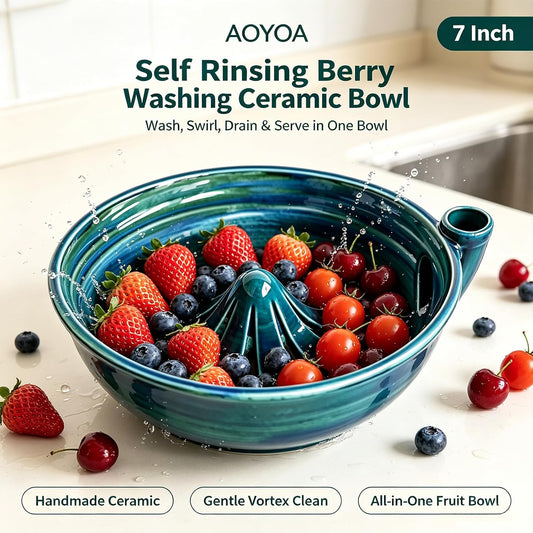 Self Spinning Ceramic Berry Washing Bowl with Drain Holes, 7'' Kitchen Fruit Washer Spinner Bowl with 10pcs Sponges，Blue