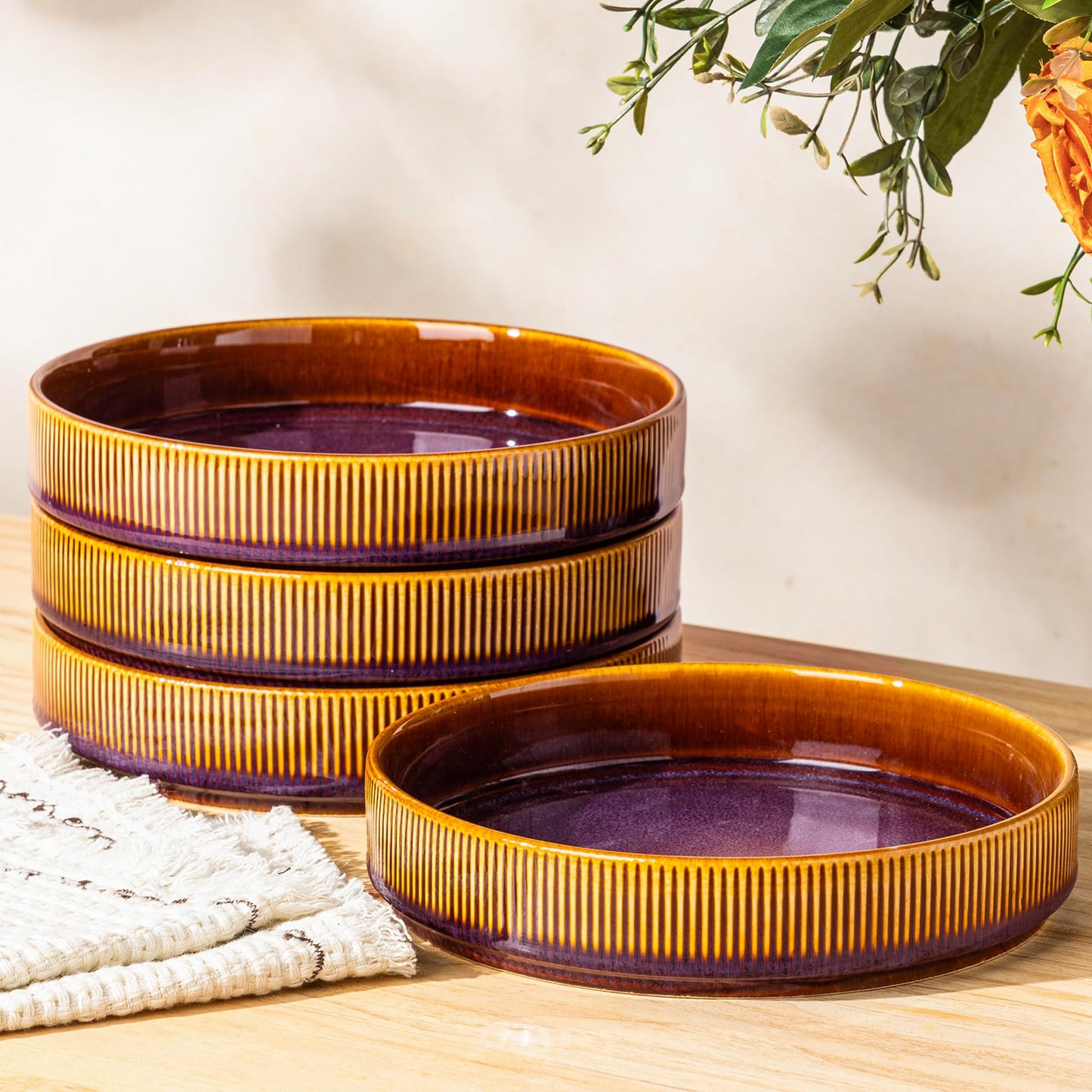 8.5" Ceramic Pasta Bowls Set of 4, Salad Bowls | Versatile Serving Bowls for Pasta, Salad, Fruit & Noodles, Housewarming & Wedding Gift, Mocha Brown