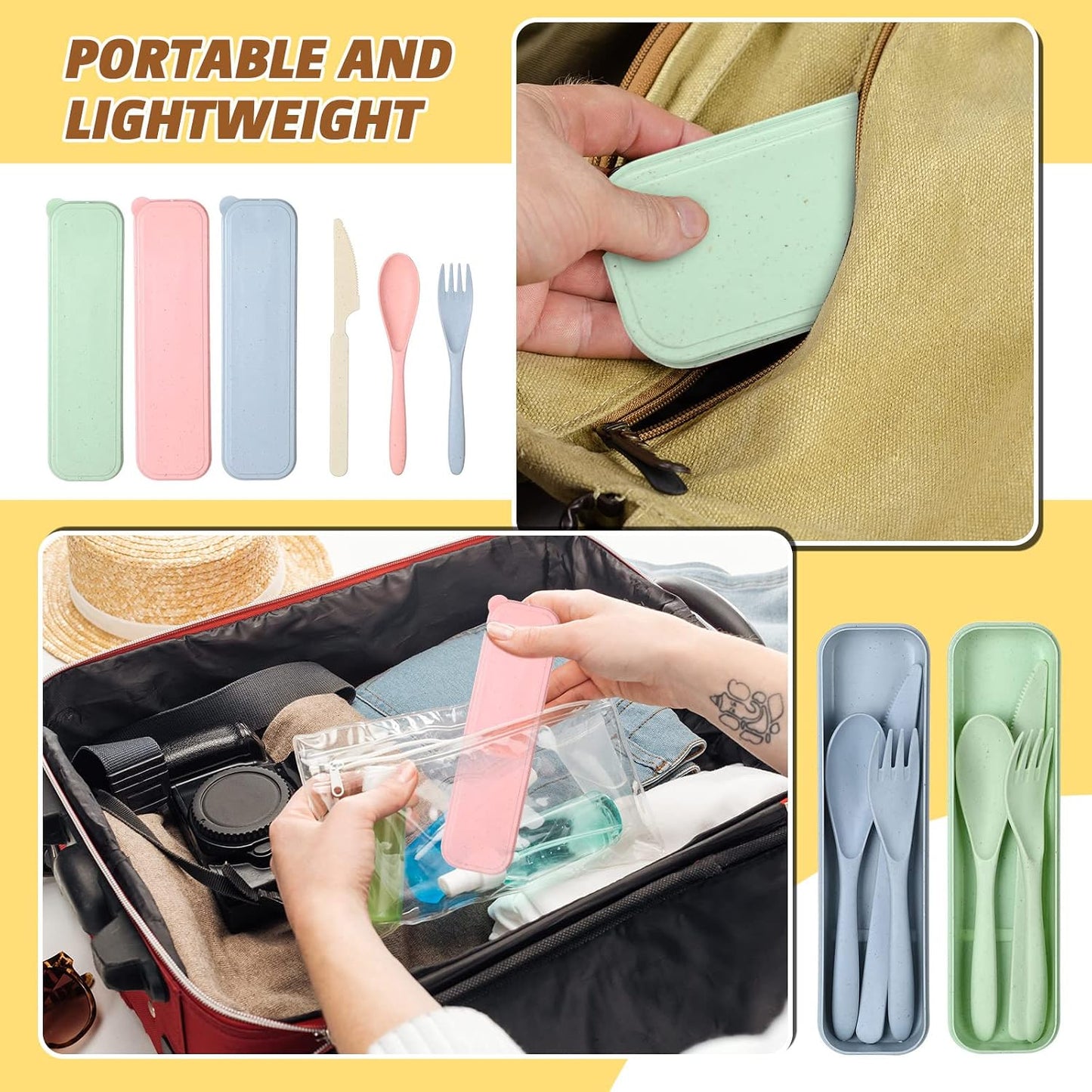 Jinei Reusable Travel Utensils Set Wheat Straw with Case,Bright | Portable Cutlery for Kids Adults, Eco-friendly Flatware for Camping Lunch School, 3-piece Spoon Fork Knife, Storage Case