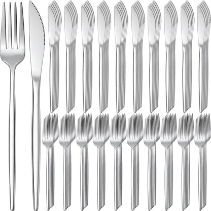 Nuenen 100 Pcs Stainless Steel Forks and Knives, Silver 8.4" 7.1" | Classic Dinner Flatware, Dishwasher Safe for Kitchen Restaurant, Butter Knife Silverware, Durable Tableware Set
