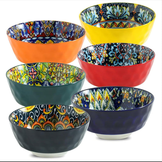 Cereal Bowls Set of 6,26 oz Ceramic Soup Bowls Bohemian Style | Colorful Porcelain Bowls for Salad, Pasta, Oatmeal, Rice, Fruit & Ice Cream – Microwave & Dishwasher Safe for Kitchen Decor