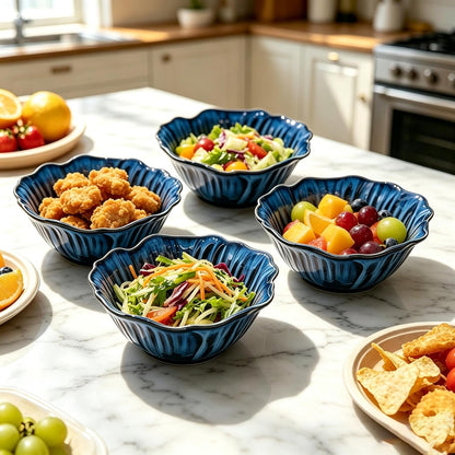 KOOV 24oz Deep Cereal Bowls Set of 4, Vintage Hand-Painted Porcelain Soup Bowls, Reactive Glaze Kitchen Bowls For Oatmeal, Fruit, Microwave And Dishwasher Safe, Pansy Series (Nebule Blue)