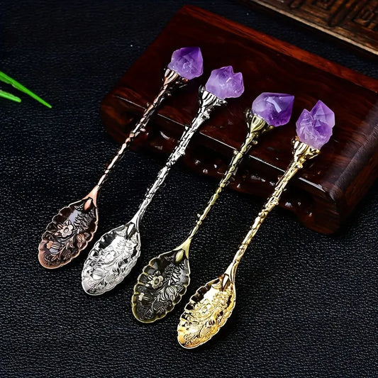 4pcs Mixed Color Retro Cutlery Set - Irregular Lightweight Vintage Carved Coffee Tea Spoons with Natural Raw Amethyst Flower Crystal Tops, Hand-Polished Bohemian Mini Dessert Ice Cream Stirrers, Lucky Home Kitchen Decorative Tableware Gift