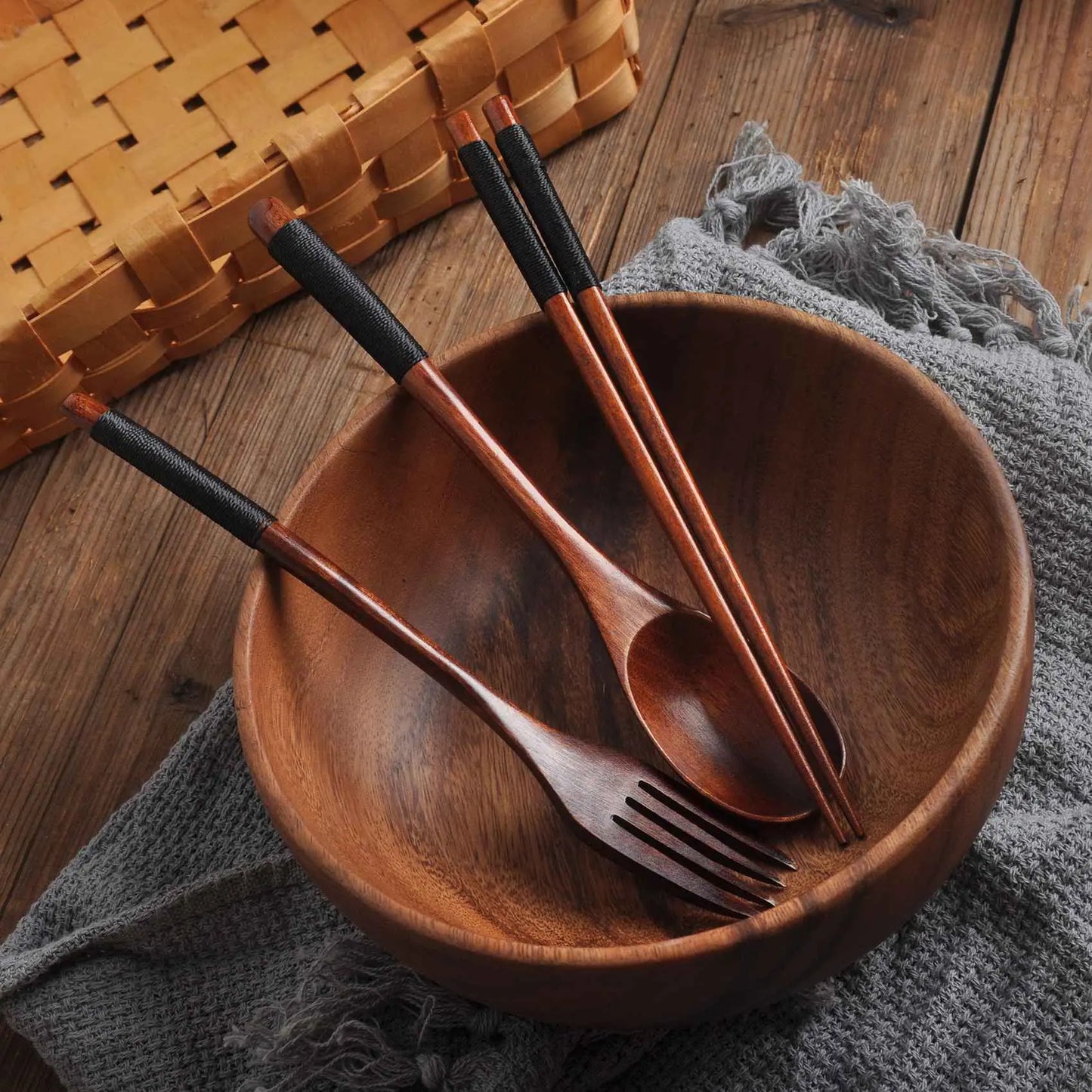 18-Piece Wooden Tableware Set with Cutlery, Wooden Spoons, Chopsticks & Forks - Handmade Kitchen Utensils for Festive Gatherings & Lunch Packing, Wooden Spoon