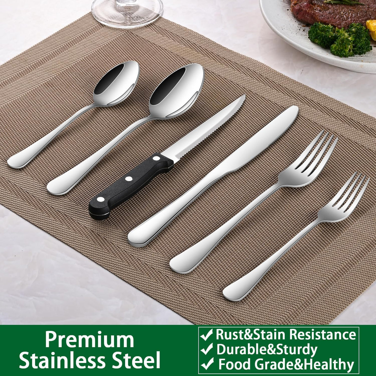 24-Piece Silverware Set with Steak Knives,Flatware Set Service for 4 Person, Food-Grade Stainless Steel Cutlery Set,Includes Knife Spoon And Fork, Mirror Finished Utensil Sets for Home Restaurant