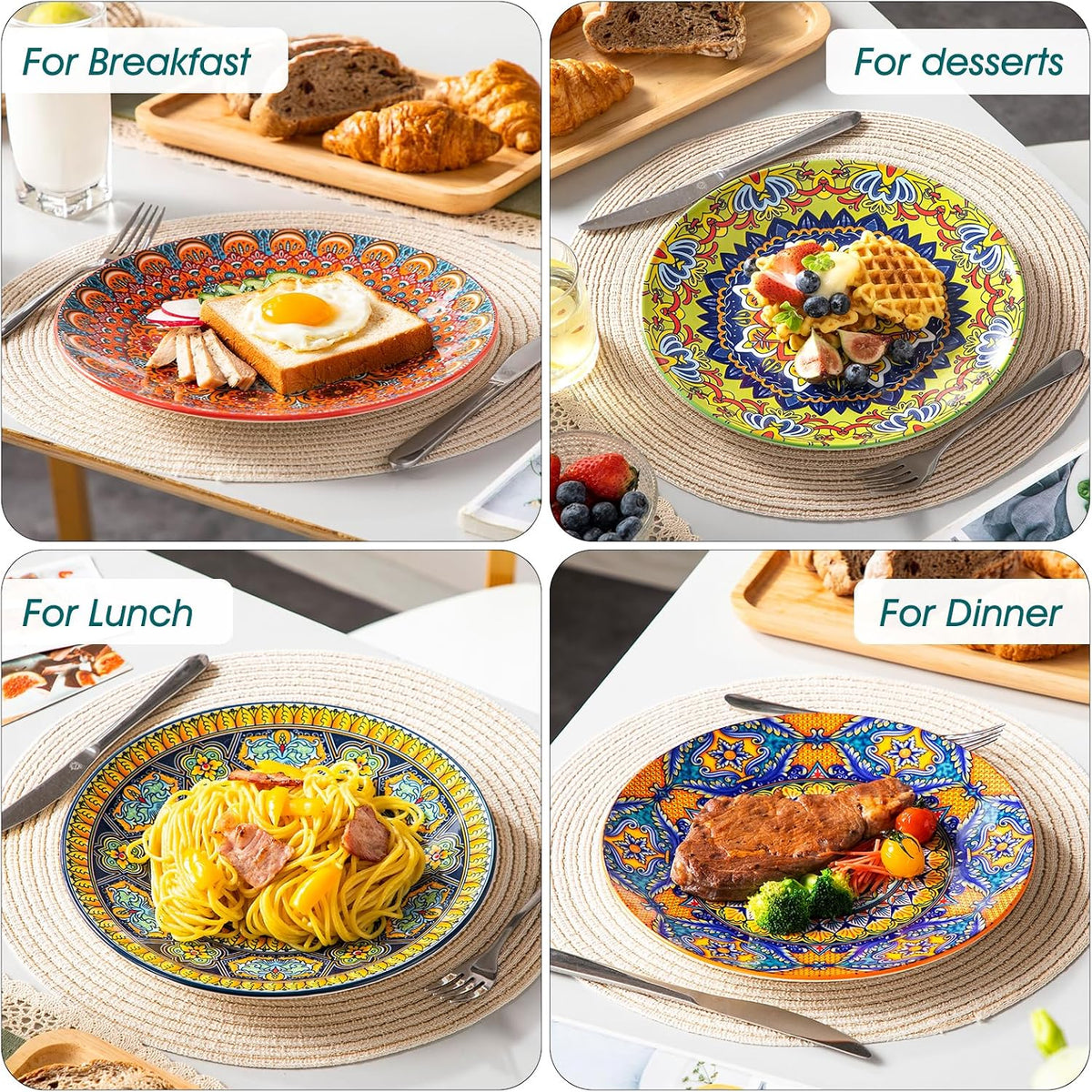 vancasso Colorful Dinner Plates Set of 6, 10.5 Inch Ceramic Kitchen Plates | Boho Dinner Plates Set, Bohemian Printed Dishes for Dining, Microwave & Dishwasher Safe Plate Set, Series KRVI
