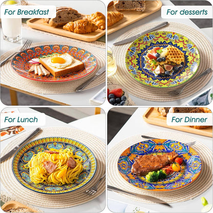 vancasso Colorful Dinner Plates Set of 6, 10.5 Inch Ceramic Kitchen Plates | Boho Dinner Plates Set, Bohemian Printed Dishes for Dining, Microwave & Dishwasher Safe Plate Set, Series KRVI