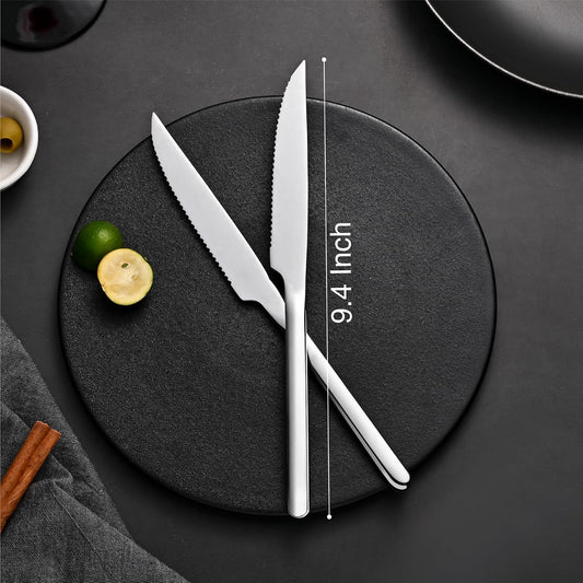 4-Piece 9.4-Inch Steak Knife Set, Serrated Stainless Steel Knives | Mirror Polished Finish, Sharp Blades, Dishwasher Safe, for Steak Dinner, BBQ & Daily Dining