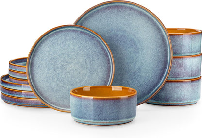 vancasso ONION Ceramic Dinnerware Sets, 12 Pieces Stoneware Plates and Bowls Sets for 4, Reactive Glaze Dishes Set for Kitchen, Dishwasher and Microwave Safe, Blue