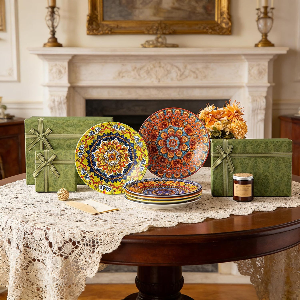 vancasso Colorful Dinner Plates Set of 6, 10.5 Inch Ceramic Kitchen Plates | Boho Dinner Plates Set, Bohemian Printed Dishes for Dining, Microwave & Dishwasher Safe Plate Set, Series KRVI