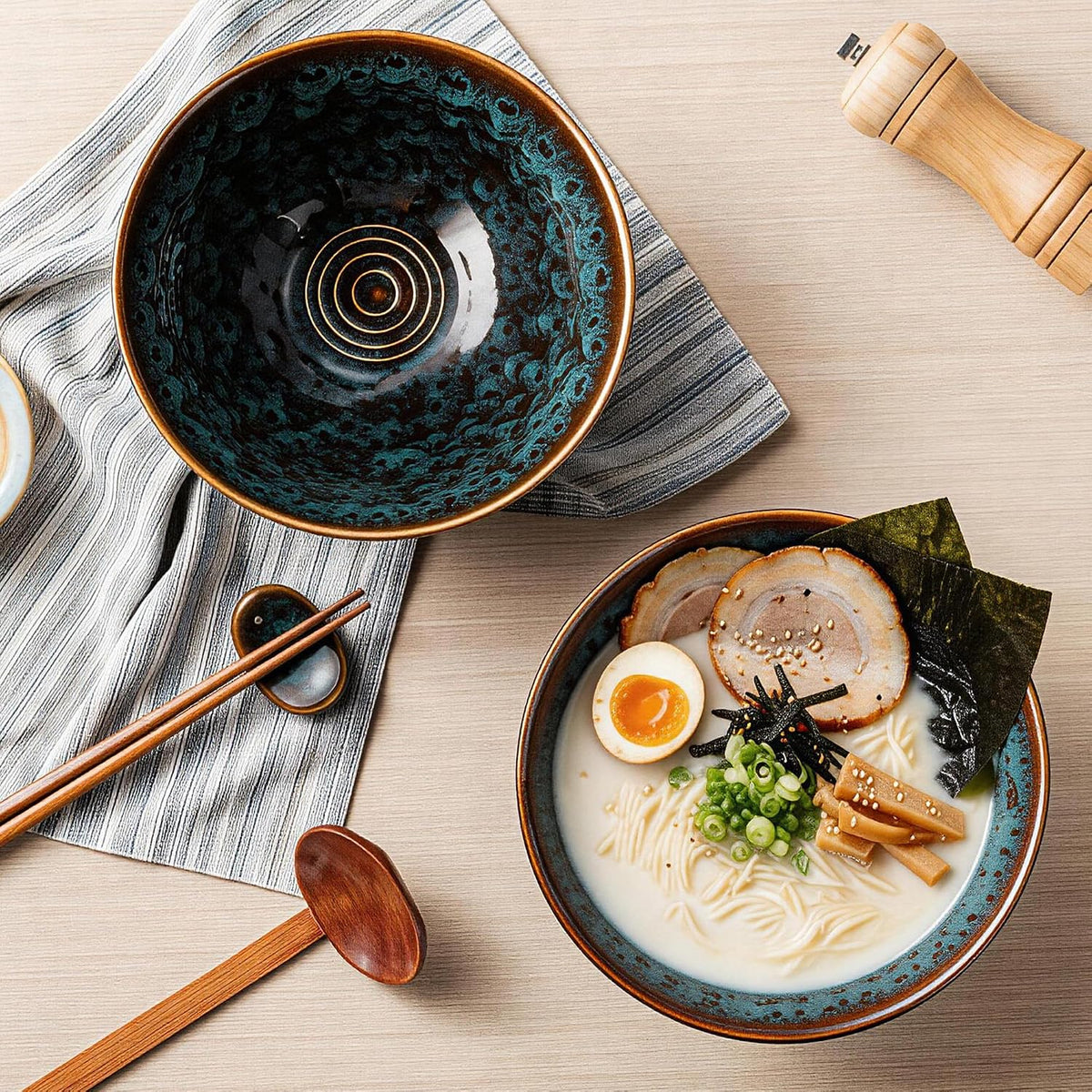 8 Inch Ceramic Ramen Bowl Set of 2, 40oz Japanese Bowls with Spoons & Chopsticks,Durable,Microwave & Dishwasher Safe,Perfect for Ramen,Pho,Salad,Soup,Noodles，Mixing bowls（Verdigris Green）