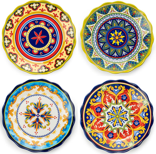 UNICASA Ceramic Dinner Plate Set of 4, 10.5 Inch Porcelain Pasta Plates Set– Serving Dishes for Salad, Steak, Colorful Boho Decoration, Microwave & Dishwasher Safe