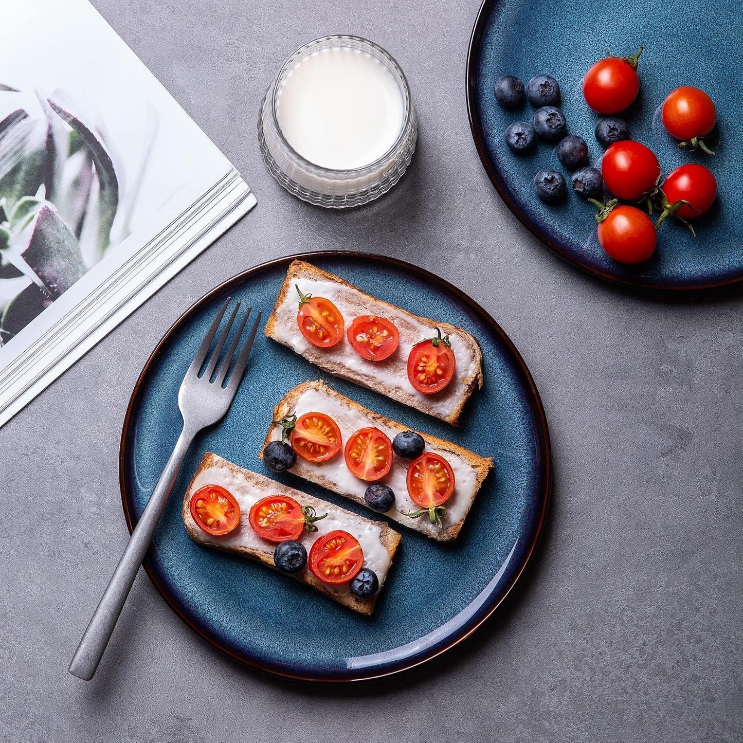 LERATIO Ceramic Plate Set of 6,8.5 Inch Reactive Glaze Salad Plates | Modern Shape Dinnerware Dishes Set for Kitchen,Microwave &Dishwasher&Oven Safe,Scratch Resistant-Indigo Blue