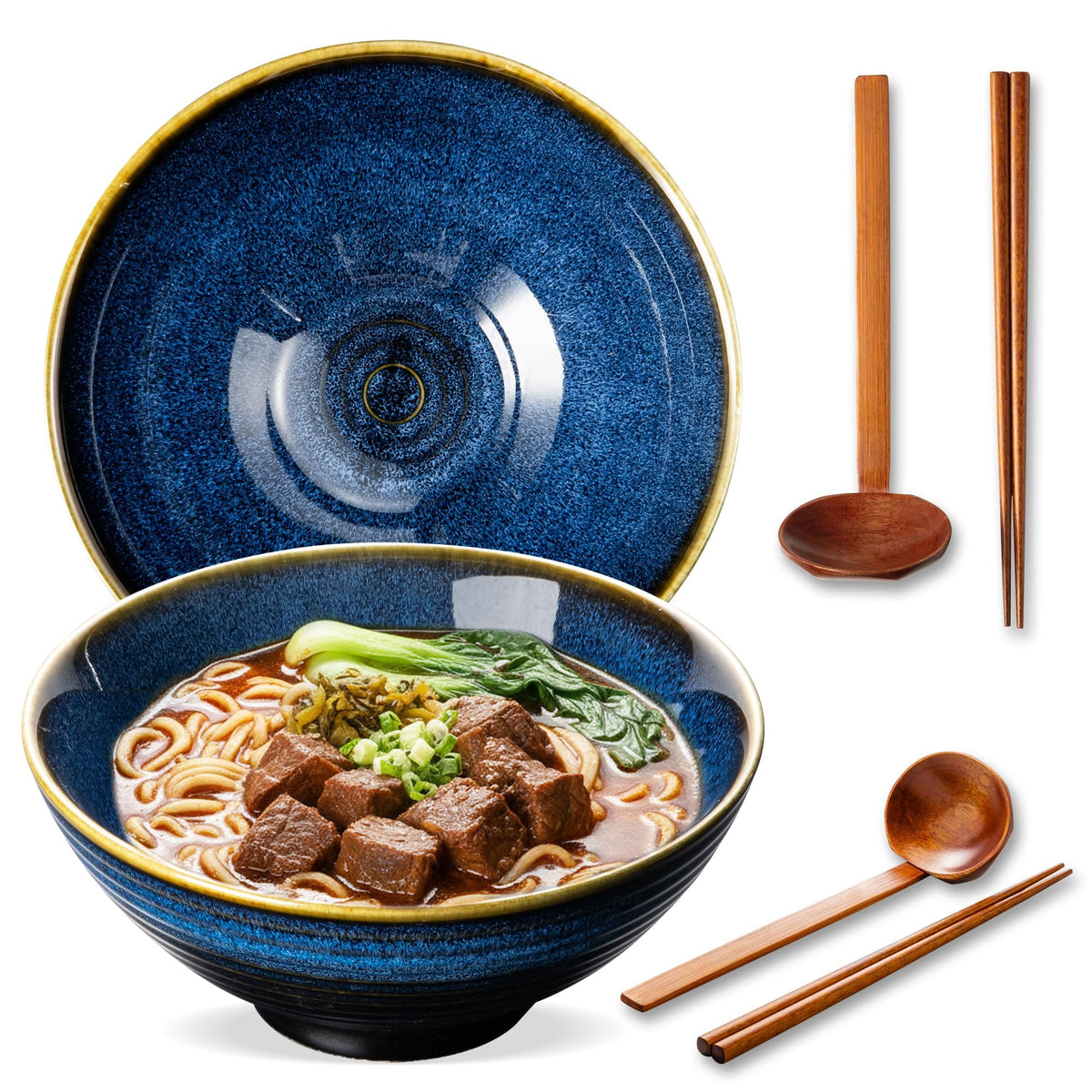 8 Inch Ceramic Ramen Bowl Set of 2, 40oz Japanese Bowls with Spoons & Chopsticks,Durable,Microwave & Dishwasher Safe,Perfect for Ramen,Pho,Salad,Soup,Noodles，Mixing bowls（Verdigris Green）