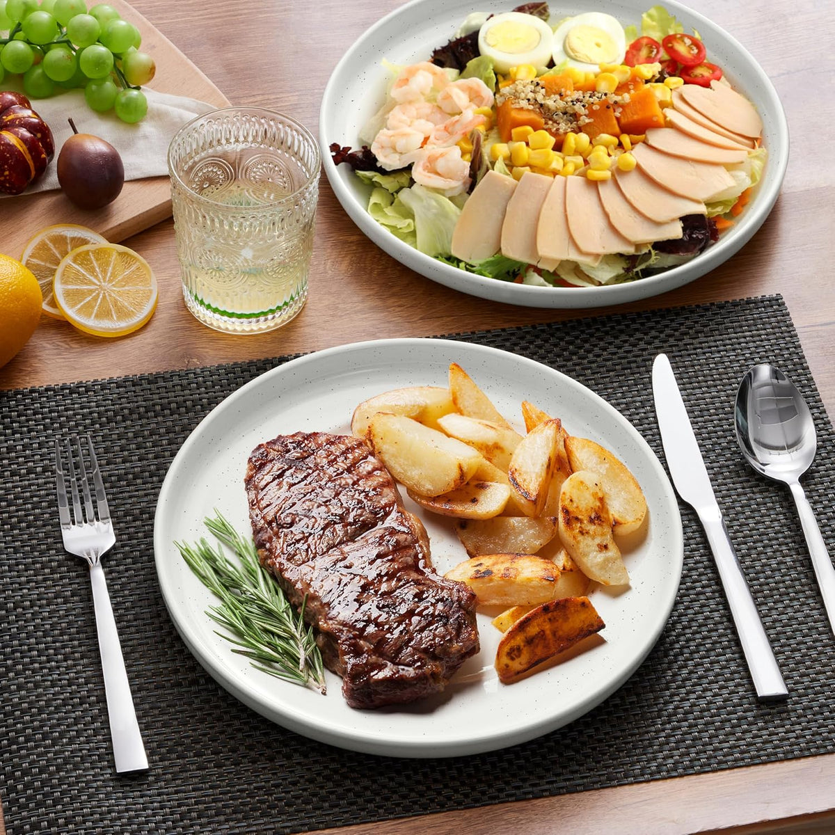 LIANYU Dinner Plates Set of 4, 10.5 Inch Stoneware Plate for Kitchen Dining, Large & Round Ceramic Salad Dishes Set, Microwave, Oven & Dishwasher Safe, Scratch Resistant, Stackable, Snowy White