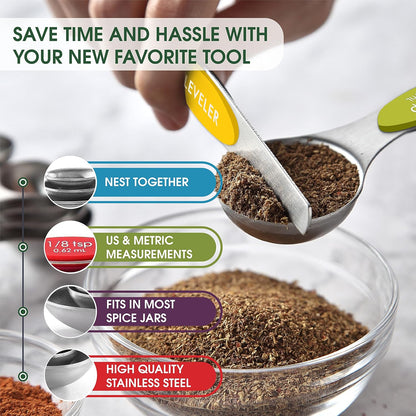 Spring Chef Magnetic Measuring Spoons Set of 8 for Kitchen, Multicolor | Stainless Steel Teaspoon & Tablespoon Measuring Spoons with Leveler for Dry & Liquid Ingredients, Dual Sided, Dishwasher Safe