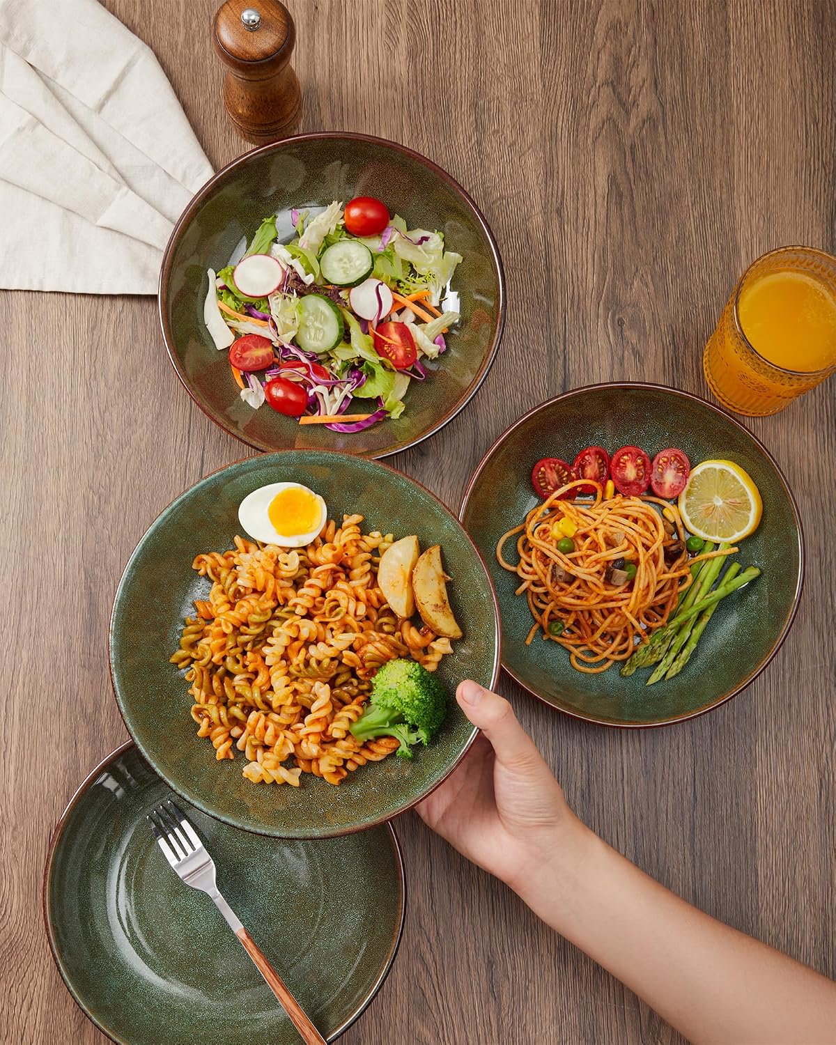 8.75 Inch Large Ceramic Pasta Bowls, 32 Oz Reactive Glaze Stoneware Pasta Serving Bowls Set of 4 for Kitchen, Wide Bowls for Fruit,Pasta,Salad,Soup, Scratch Resistant-Brown and Green