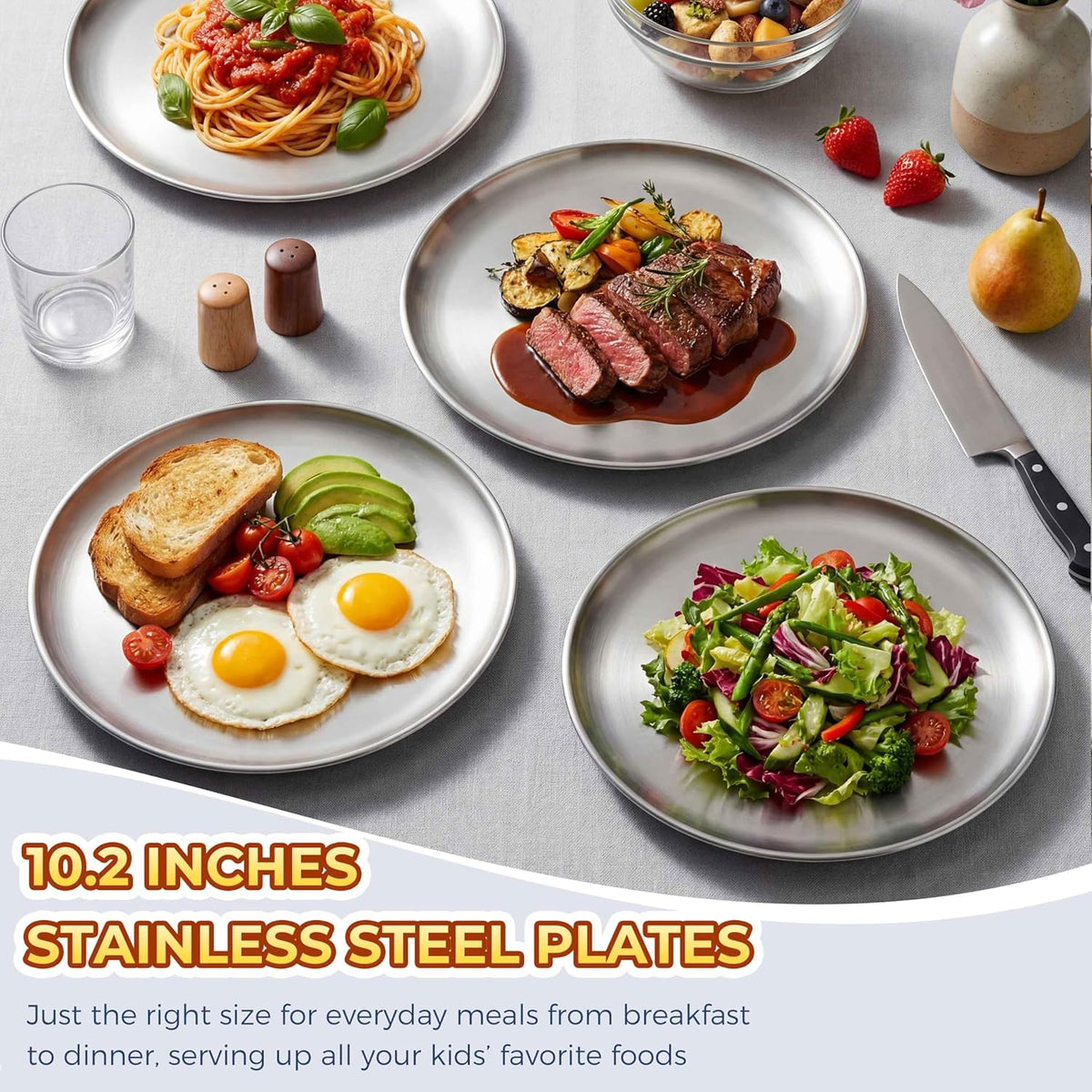 Homikit 6 Pack Stainless Steel Plate Set, 10.2 Inch Metal Dinner Plates for Kids Children Adult, Round Camping Plates for Serving Dishes Dessert Salad, Reusable & Unbreakable, Dishwasher Safe