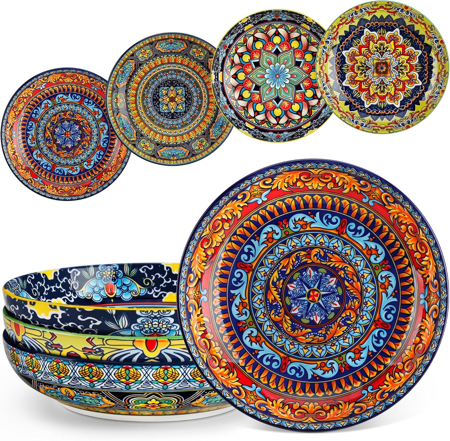 vancasso Pasta Bowls Set of 4, 42oz Ceramic Salad Serving Bowls, Bohemian | 8.7in Colorful Bohemian Bowl Plates for Soup, Shallow Bowls for Kitchen, Microwave & Dishwasher Safe, Stackable, Large