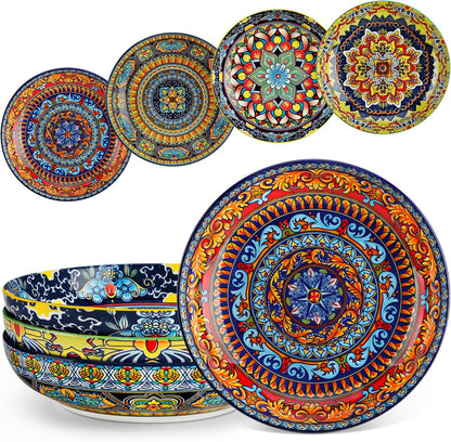 vancasso Pasta Bowls Set of 4, 42oz Ceramic Salad Serving Bowls, Bohemian | 8.7in Colorful Bohemian Bowl Plates for Soup, Shallow Bowls for Kitchen, Microwave & Dishwasher Safe, Stackable, Large