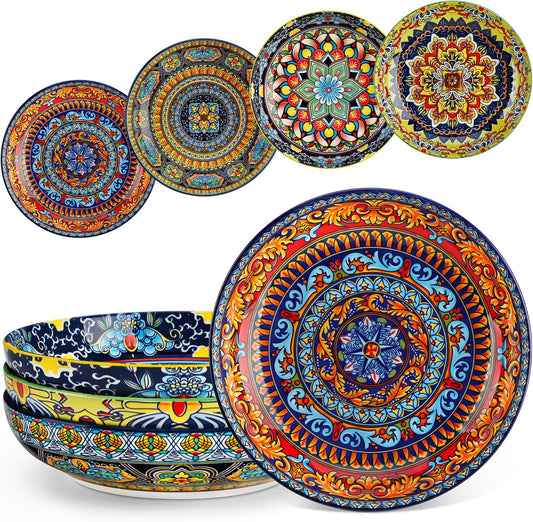 vancasso Pasta Bowls Set of 4, 42oz Ceramic Salad Serving Bowls, Bohemian | 8.7in Colorful Bohemian Bowl Plates for Soup, Shallow Bowls for Kitchen, Microwave & Dishwasher Safe, Stackable, Large
